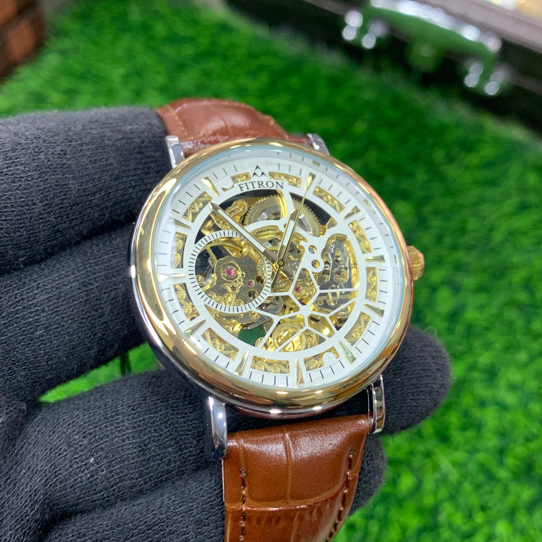 FITRON Automatic Skeleton Watch for Men – Brown Leather Strap (White Dial)