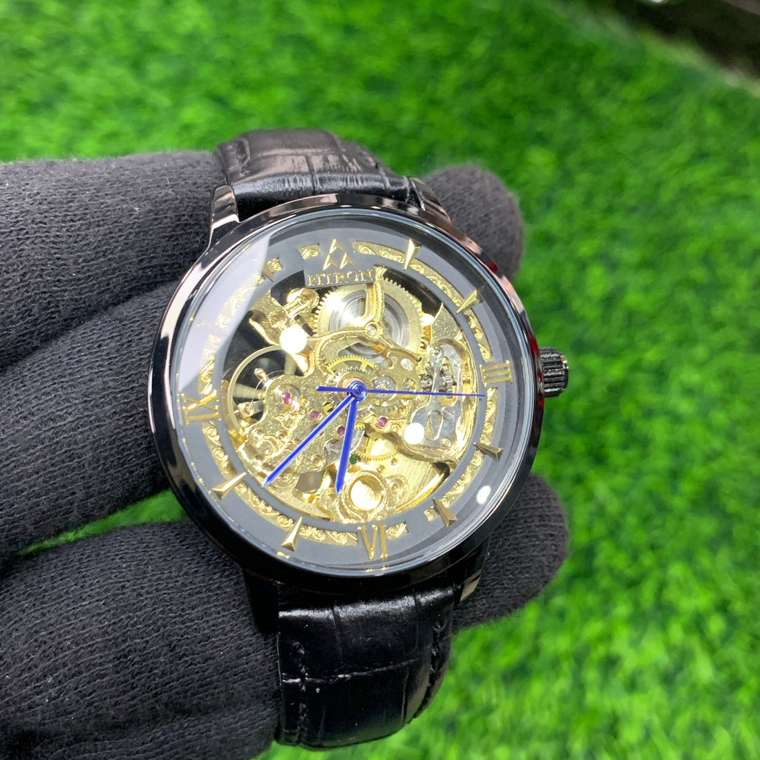 FITRON Automatic Skeleton Watch for Men – Black Leather Strap (Full Black Dial)