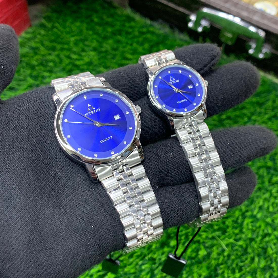 FITRON Couple Watches – Silver Chain with Blue Dial (original/waterproof)